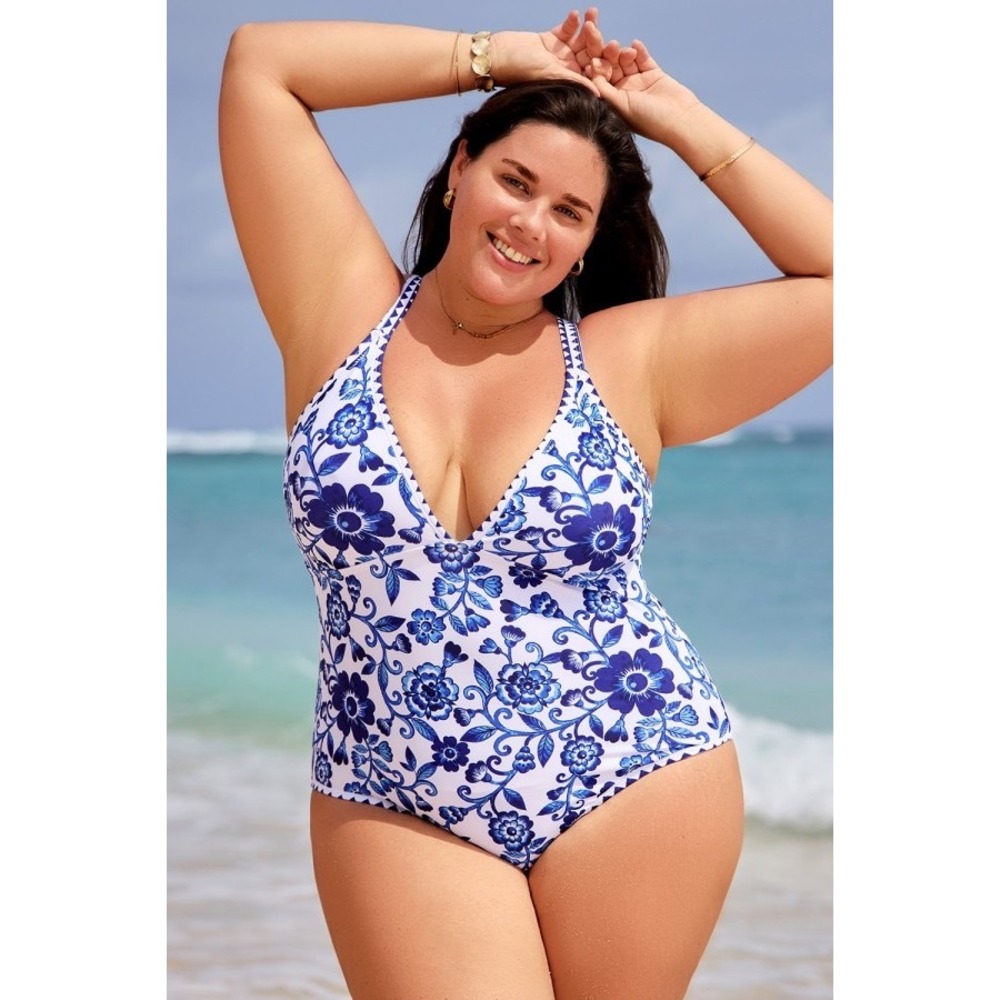 Meet.Curve Blue White Floral One Piece Swimsuit V-Neck Cross Back Plus Size 4XL